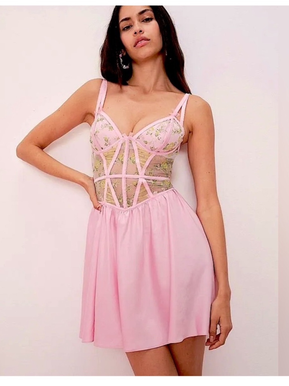 For Love & Lemons Camilla Tank Slip Dress Pink Floral Mesh Sz XS